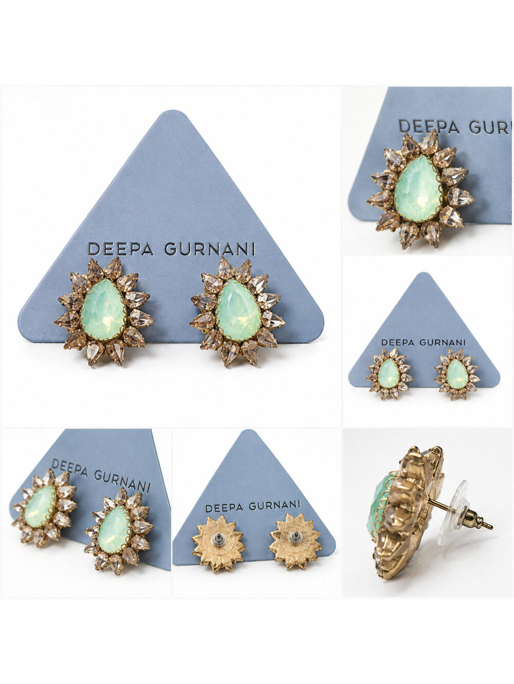 Deepa Gurnani Crystal Stud Earrings Mint Green Statement Rhinestone Gold Tone